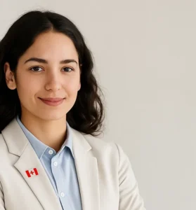 Mujer profesional hispana con pin de Canadá, representando servicios de traducción legal en procesos migratorios