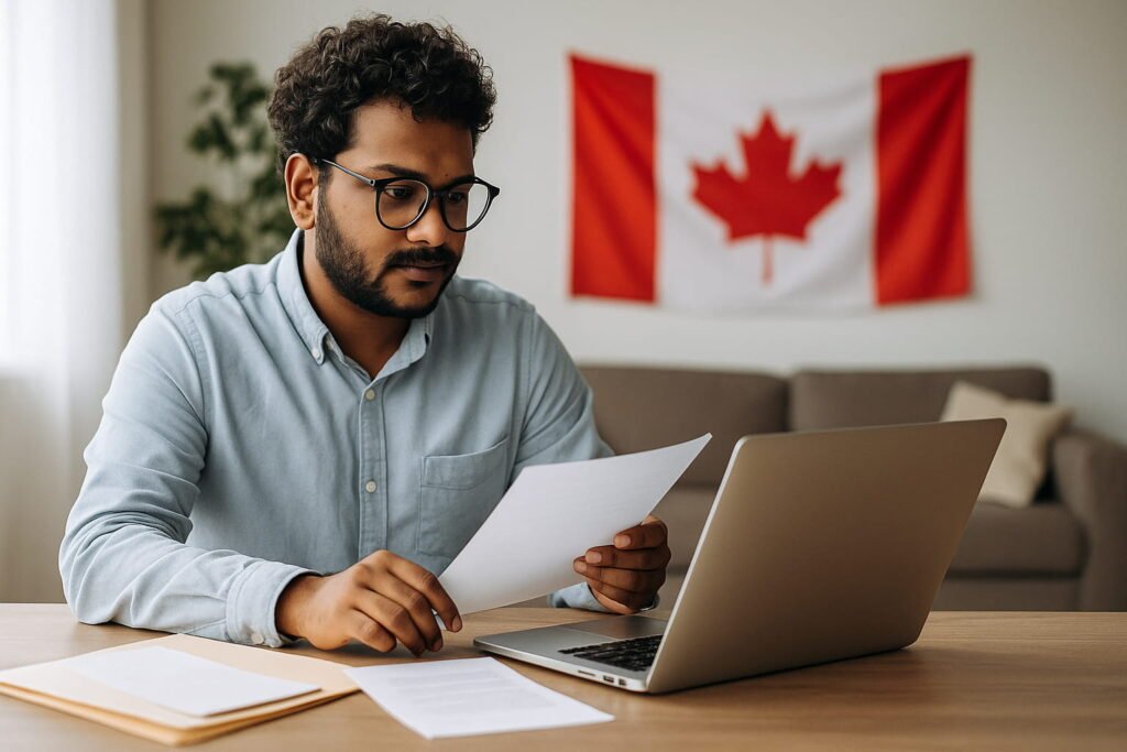Hombre revisando documentos legales para su proceso de inmigración en Canadá, con una bandera canadiense de fondo