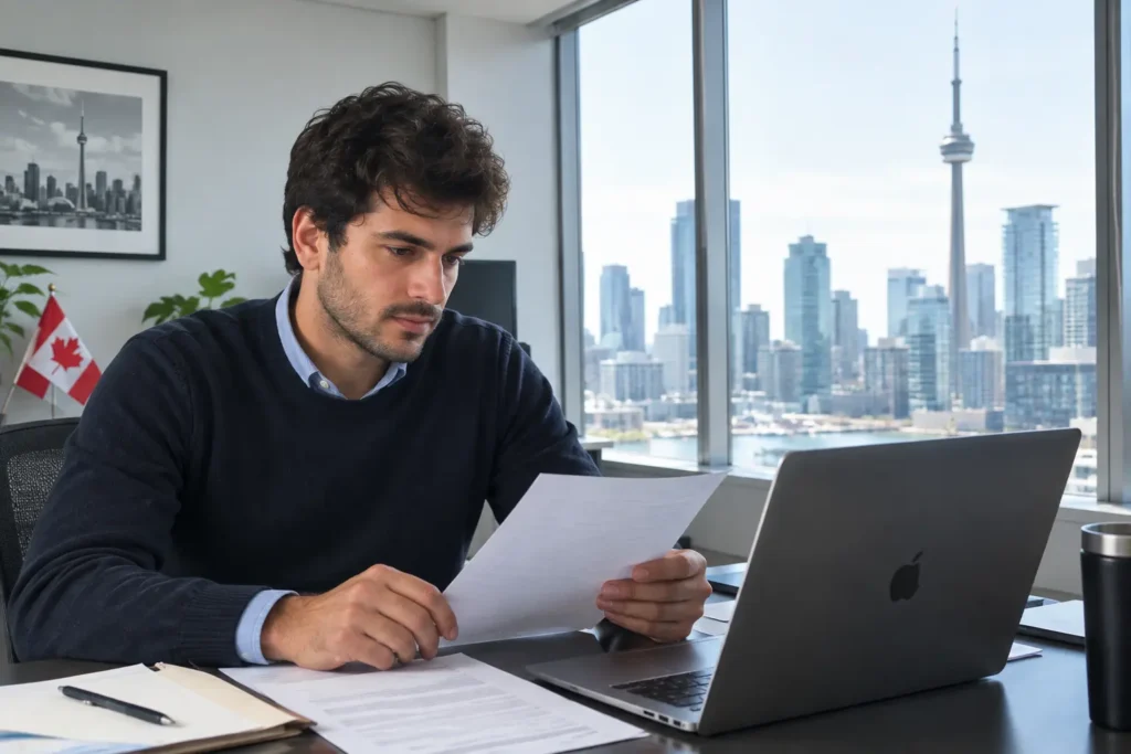 Man reviewing legal documents for Canadian immigration process, with a Canadian flag in the background
